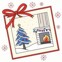 Christmas card with fireplace and tree vector