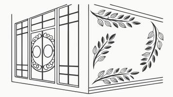 A drawing of a window with a leaf design vector