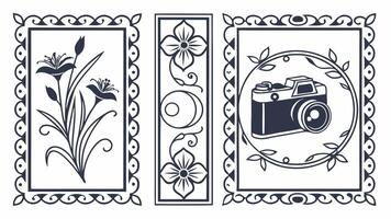 A set of decorative frames with a camera and flowers vector