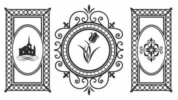 A set of decorative elements, including a church, a flower, and a window vector