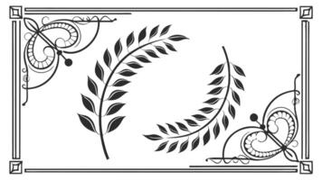A black and white drawing of a leaf and a frame vector