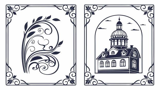 Two different designs for a frame with a church and a tower vector