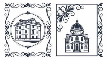 Two different styles of buildings, one with a church and the other with a castle vector
