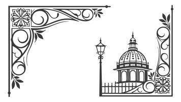 A black and white drawing of a church and a lamp post vector