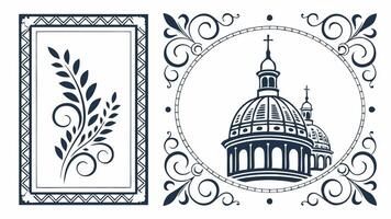 A church and a frame with wheat and leaves vector