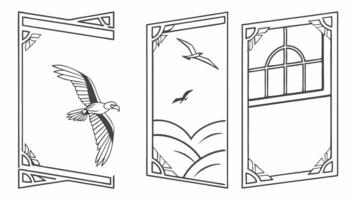 A drawing of three windows with birds flying in them vector