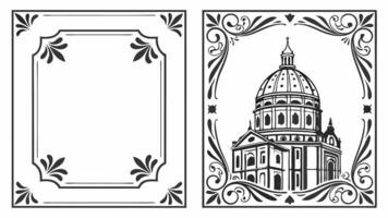 Two black and white images of a church and a building vector