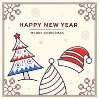 Happy new year greeting card with christmas tree and hats vector