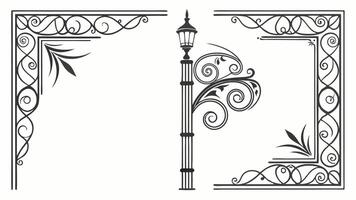 A black and white illustration of a lamp post and a frame vector