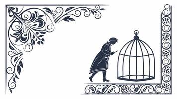 A man is standing in front of a cage with a bird inside vector