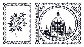 A set of decorative frames with a church and a tree vector