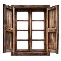 Rustic Wooden Window with Open Shutters png