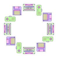 Round Frame Game and Music. Multicolored elements on white background. Retro illustration with outline in 90s style. Isolated illustration. vector
