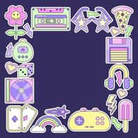 Square frame made of 90s style elements. Multicolored elements on dark background. Retro illustration with outline in 90s style. Isolated illustration. vector