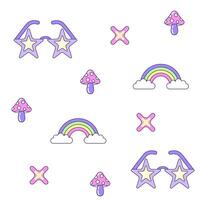 Seamless pattern with vintage star shaped sunglasses and rainbow in style of 90s. Multicolored elements on white background. Retro illustration with outline in 90s style. illustration vector