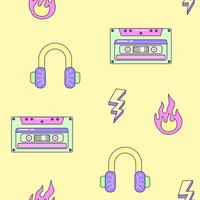 Seamless pattern with audio cassette and headphones. Multicolored elements on yellow background. Retro illustration with outline in 90s style. illustration. vector