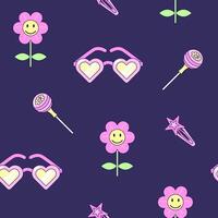 Seamless pattern with vintage flower and heart shaped sunglasses in style of 90s. Multicolored elements on dark background. Retro illustration with outline in 90s style. illustration. vector