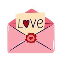 Note with the inscription love sticks out of pink envelope. Valentine's day element for design on white background. Isolated illustration. vector