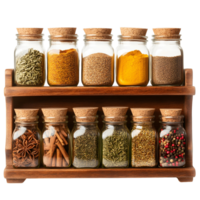A wooden spice rack with many glass jars of spices png