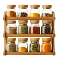A spice rack with many glass jars of spices png