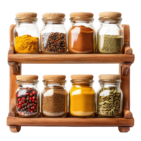 A spice rack with a variety of spices in glass jars png