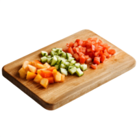 A wooden cutting board with a variety of vegetables on it png