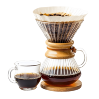 A coffee maker with a filter and a cup of coffee next to it png