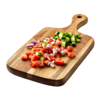 A wooden cutting board with a variety of vegetables on it, including tomatoes png