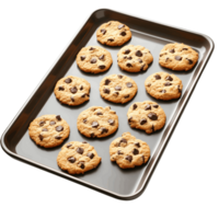 A tray of chocolate chip cookies is sitting on a transparent background png