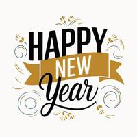 Happy New Year decorative typography design with festive swirls, fireworks, and gold ribbon banner, perfect for holiday greetings and seasonal celebration themes vector