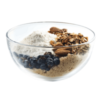 A bowl of mixed nuts and berries sits on a transparent background png