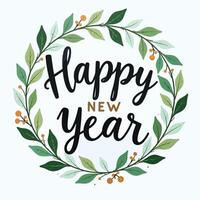 Happy New Year greeting. The floral spring label design features greeting text and vintage decorative patterns featuring flowers and green leaves. vector