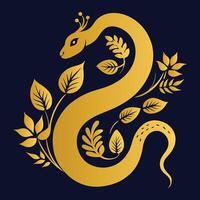 Golden Snake Encircled by Floral Design on a Dark Background vector