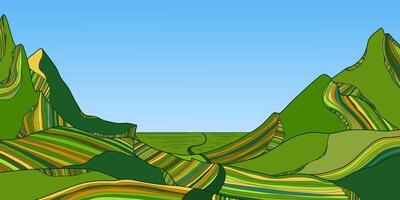 Mountain with Green Hills and Line Art Background. Scenic black and white landscape design for fabric, prints, and wall art. Simple line drawing of one line mountain. vector