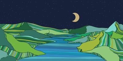 Colorful Mountain and River Line Art Background. Scenic black and white landscape design for fabric, prints, and wall art. Simple line drawing of one line mountain vector