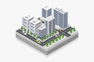 Isometric city with skyscrapers and trees and cars vector