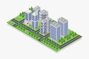 Isometric city illustrated with skyscrapers and trees on white background vector