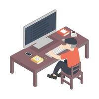 Student character studying and thinking sitting at desk Concept vector