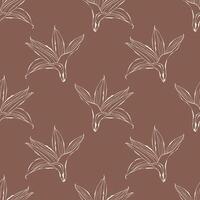 Vanilla orchid lily flower pattern, contour stylized hand drawing, pattern on mocha mousse color background. vector