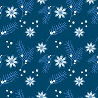 Blue Christmas pattern with anise star, fir, juniper branches with berries. vector