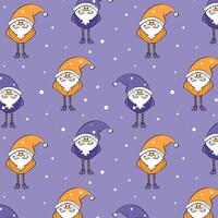 Gnomes pattern violet, hand drawn purple and yellow gnomes, dwarves or elves, snow falling. vector