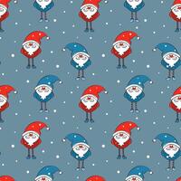 Gnomes pattern, hand drawn red and blue gnomes, dwarves or elves, snow falling, Santa Claus, on soft dark background. vector