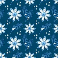 Blue pattern with anise star, fir, juniper branches with berries. vector