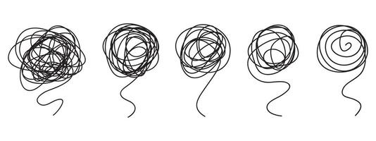 Set of random chaotic lines. Hand drawing insane tangled scribble clew. Icon isolated on white background. vector