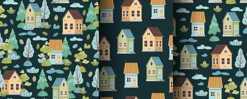 Collection of Seamless patterns with cute houses and forest trees in flat style. Children's background with country houses, Christmas tree and clouds. Cartoon texture for fabric, wallpaper, clothes. vector