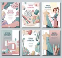 Set of flyer templates with sewing supplies. Banner with a girl creating clothes on a mannequin. Background, poster for a sewing workshop, atelier, tailoring courses, tailoring. vector