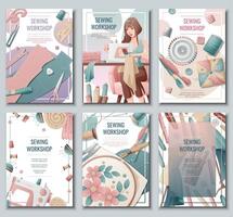 Set of flyer templates with sewing supplies. Banner, poster with a girl creating clothes on a sewing machine. Background for a sewing workshop, atelier, tailoring courses, tailoring. vector