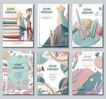 Set of flyer templates with sewing supplies. Banner with a girl creating clothes on a mannequin. Background, poster for a sewing workshop, atelier, tailoring courses, tailoring. vector