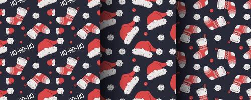 Collection of seamless Christmas patterns with Santa hat, sock and mittens in flat style. Holiday background with Christmas elements. Cartoon texture for fabric, wallpaper, wrapping paper. vector