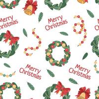 Seamless pattern with colorful bells, Christmas wreath and gifts. holiday texture in flat style. Merry Christmas and Happy New Year. Suitable for wallpaper, wrapping paper, fabric, etc. vector